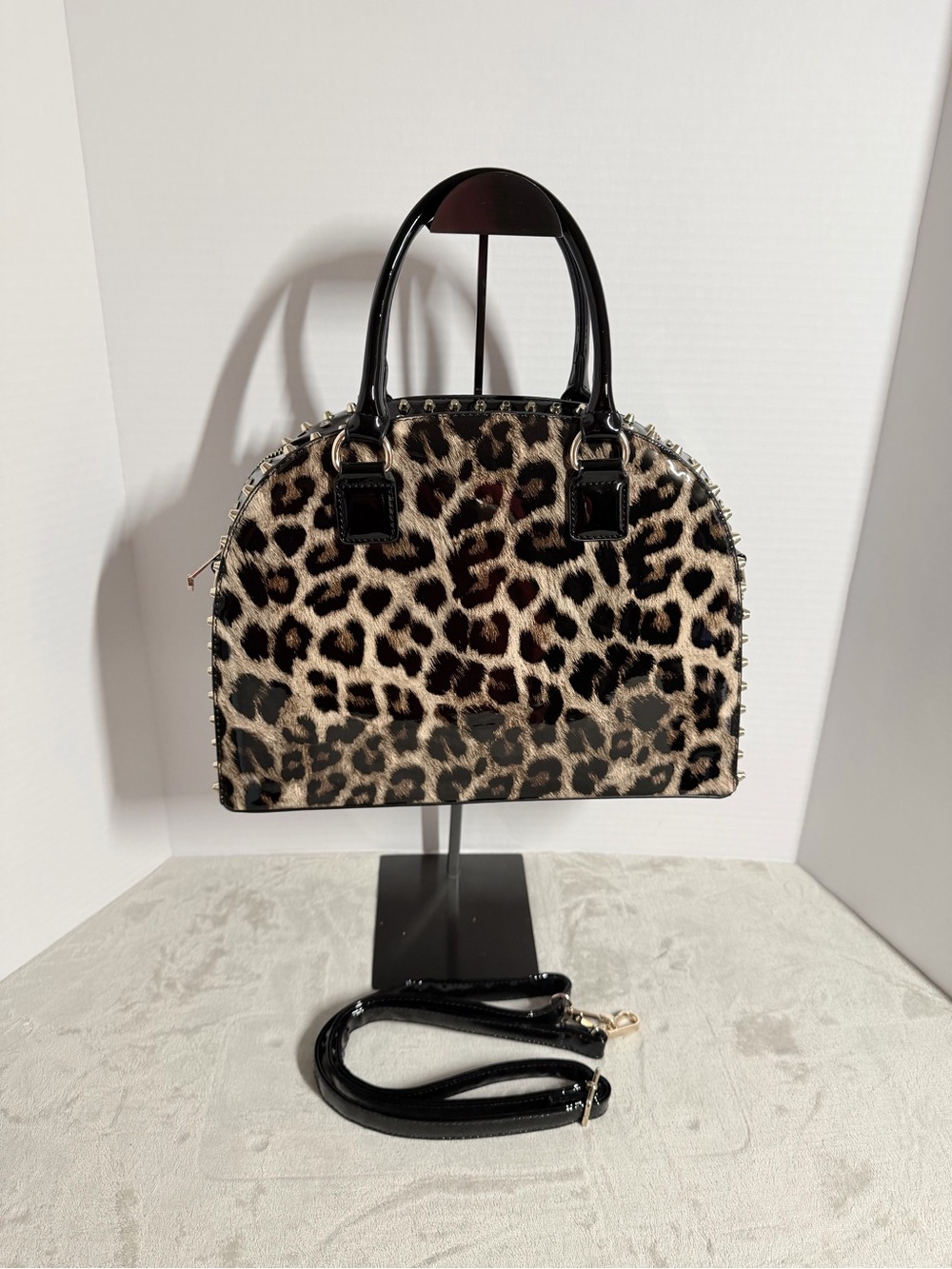 Leopard Print Dome Satchel Handbag - Black & Tan